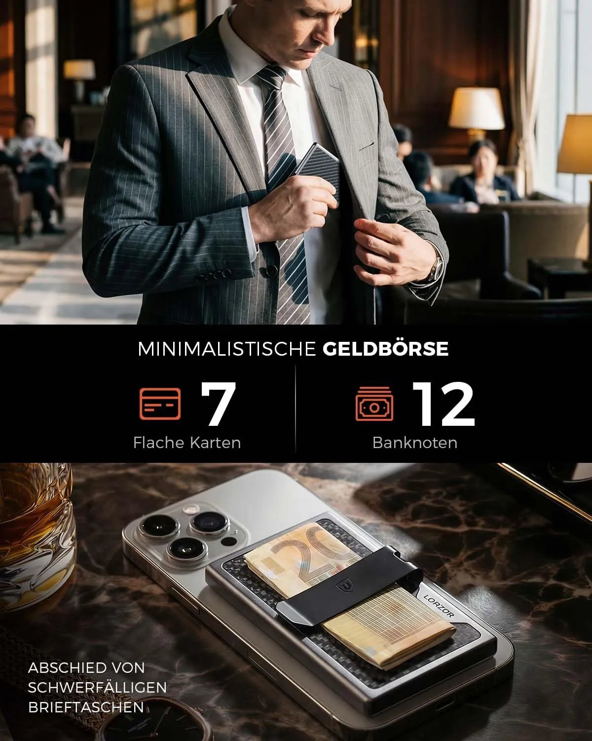 LORZOR Men's Military Carbon Fiber Card Holder, Small Wallets for Men with Detachable Bill Clip, black (Carbon), Modern - Street wear urban