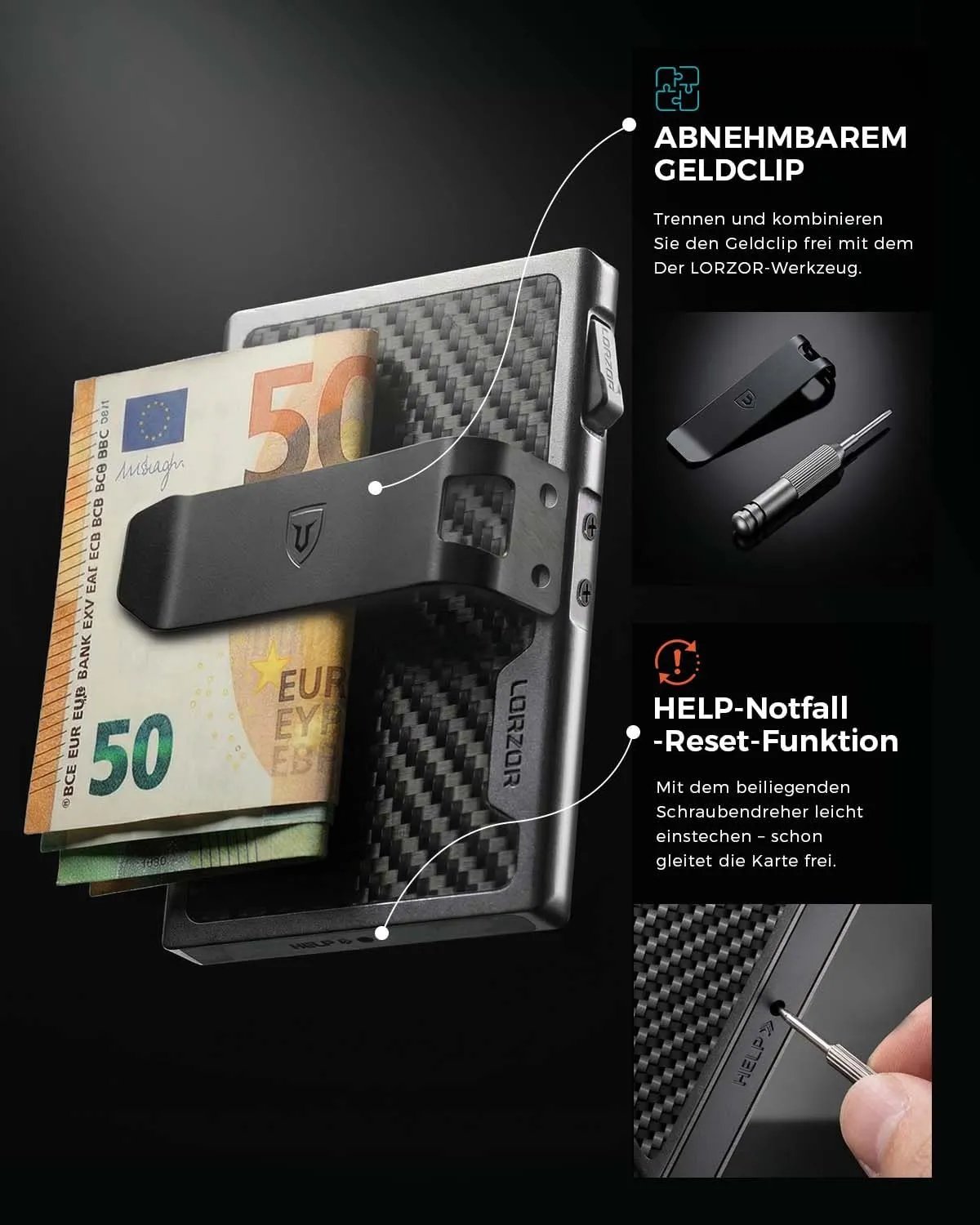 LORZOR Men's Military Carbon Fiber Card Holder, Small Wallets for Men with Detachable Bill Clip, black (Carbon), Modern - Street wear urban