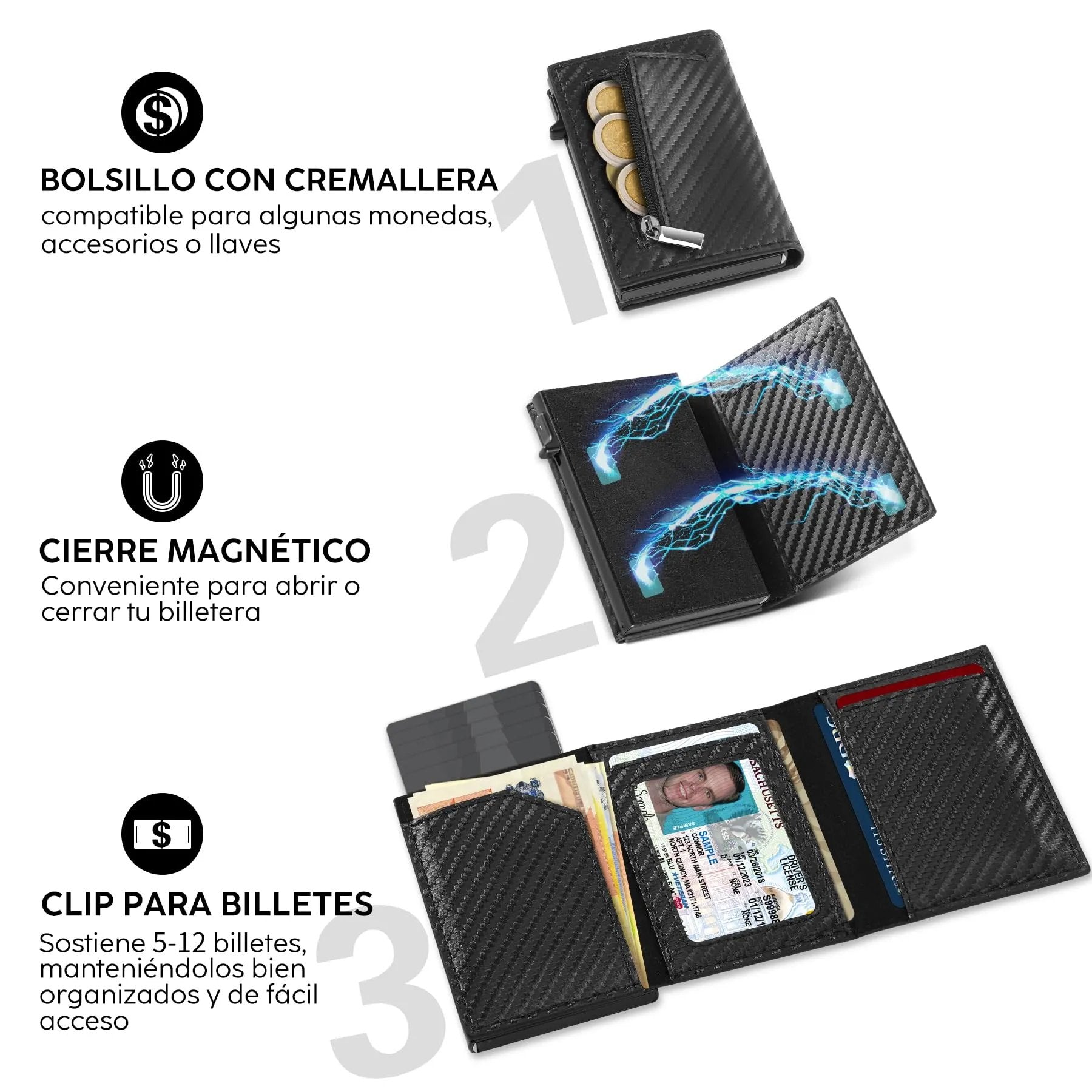 TENBST Men's Wallets, Carbon Fiber Credit Card Holder with RIFD Protection | Minimalist Men's Card Holder, Carteira for Zip and Banknotes | Gift Box, Black/White, Classic - Street wear urban