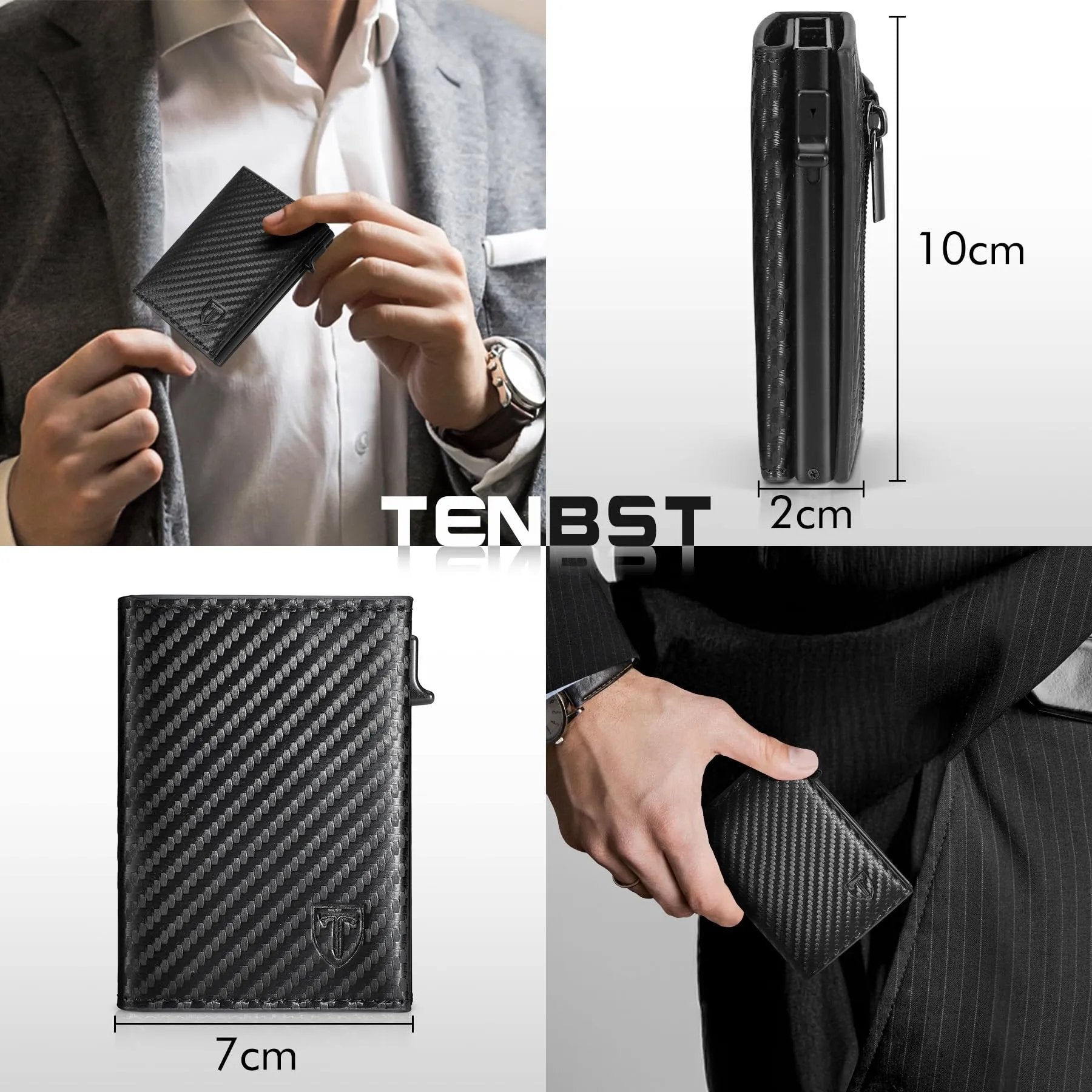 TENBST Men's Wallets, Carbon Fiber Credit Card Holder with RIFD Protection | Minimalist Men's Card Holder, Carteira for Zip and Banknotes | Gift Box, Black/White, Classic - Street wear urban