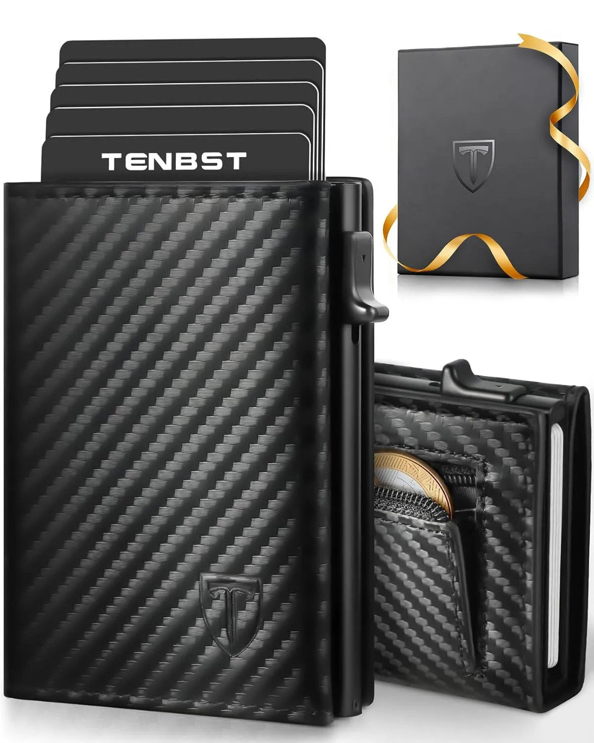 TENBST Men's Wallets, Carbon Fiber Credit Card Holder with RIFD Protection | Minimalist Men's Card Holder, Carteira for Zip and Banknotes | Gift Box, Black/White, Classic - Street wear urban